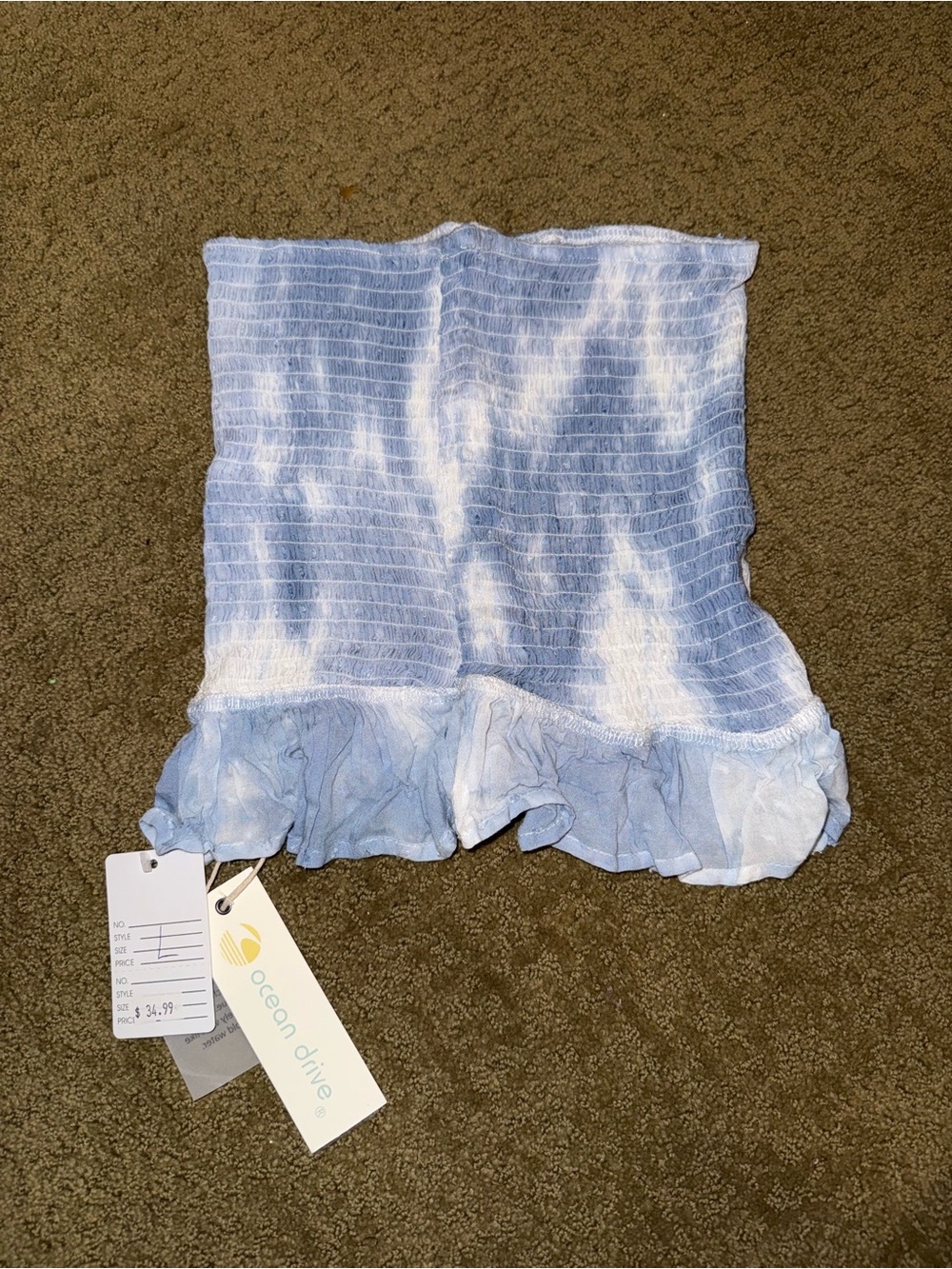 Ocean Drive Blue and White Smocked Tube Top with Ruffle Hem